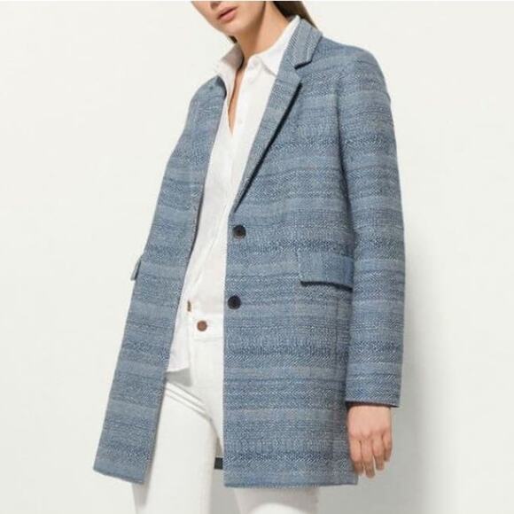 Massimo Dutti Textured Stripe Single Breasted Blazer Coat Jacket Blue Size 6 - Picture 1 of 9